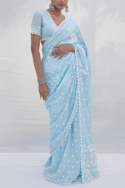 Blue floral embroidered sari set