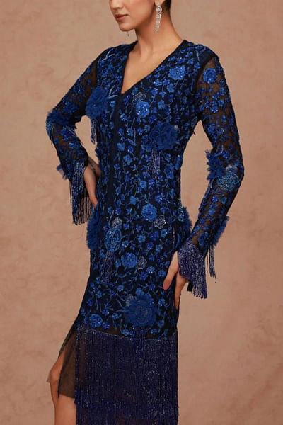 Blue floral embroidered tulle jacket dress
