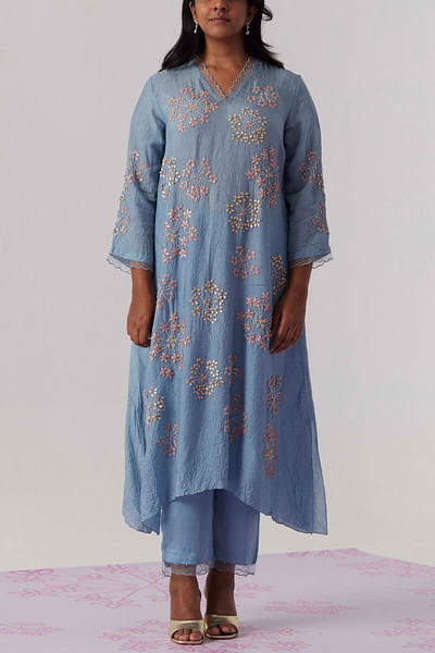 Blue floral embroidery asymmetric kurta set