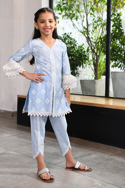 Blue floral embroidery dhoti set