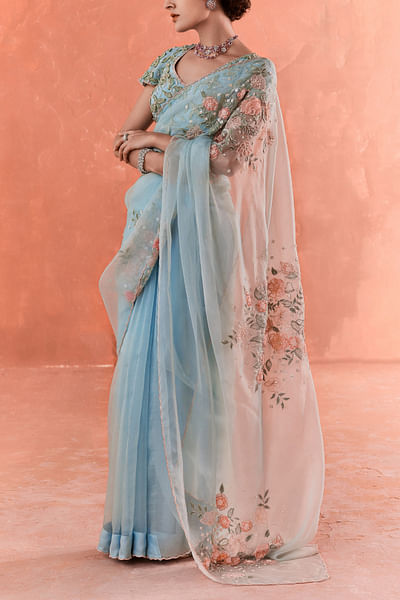 Blue floral embroidery sari set
