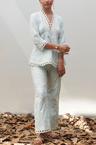 Blue floral eyelet embroidery co-ord set