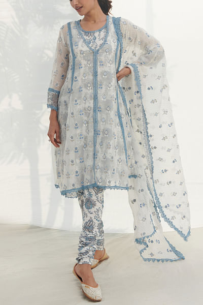 Blue floral motif print cotton kurta set