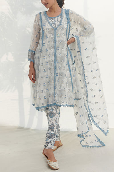 Blue floral motif print kurta set