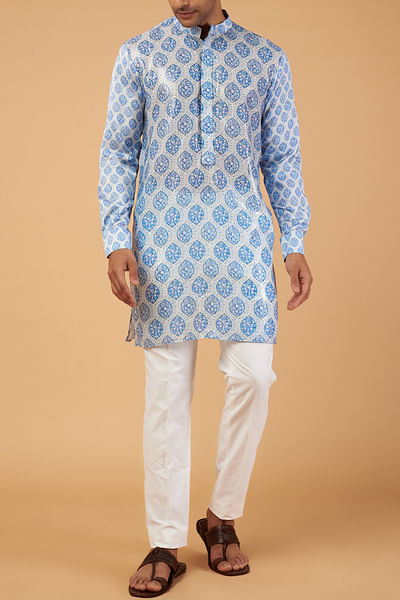 Blue floral motif printed and sequin work kurta set