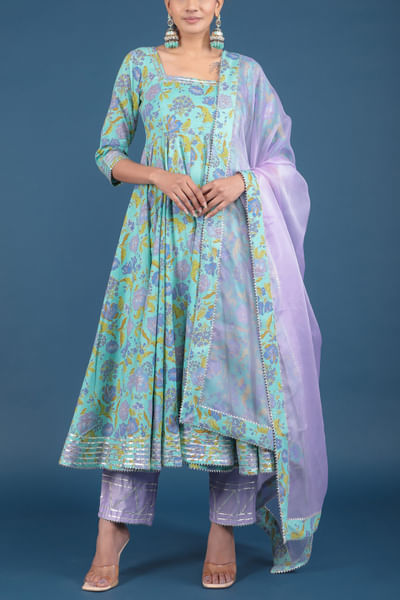 Blue floral print anarkali set