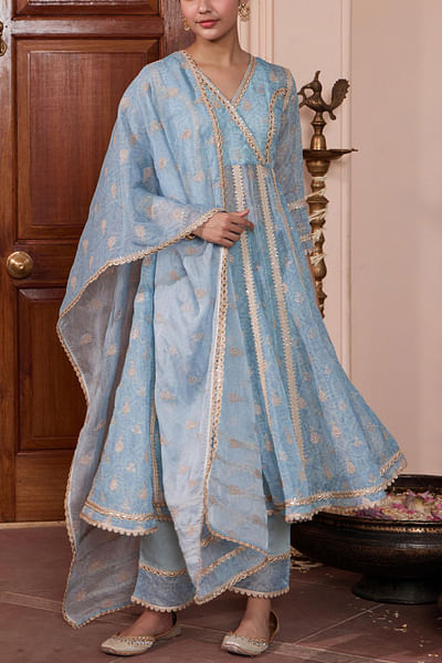 Blue floral print and embroidery anarkali set