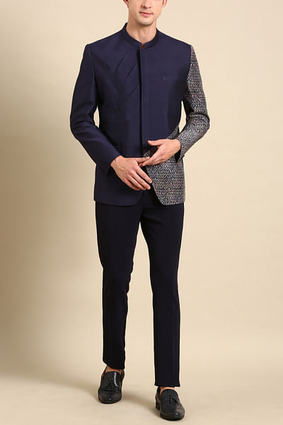 Blue floral print bandhgala