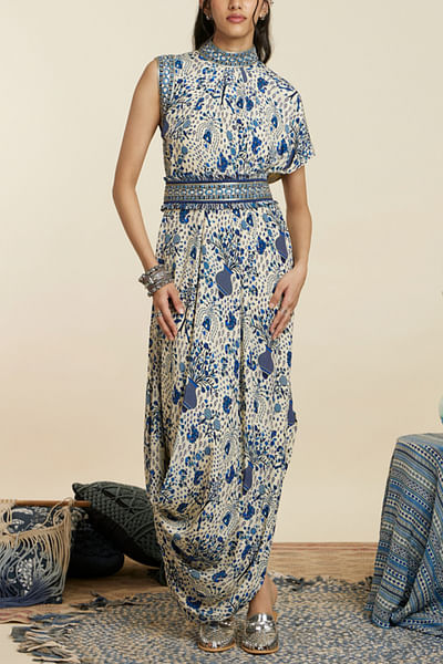 Blue floral print draped dress