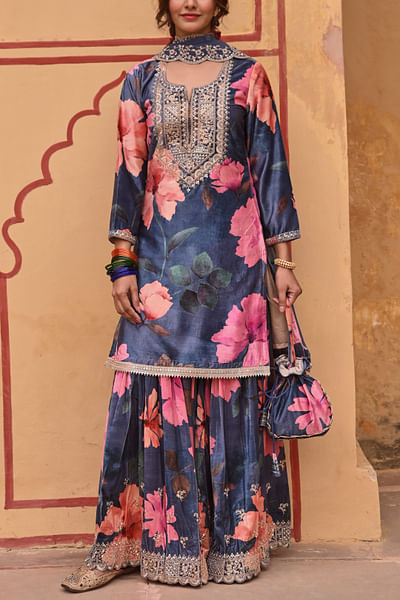 Blue floral print embroidered sharara set