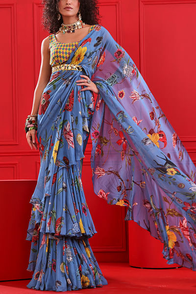 Blue floral print frilled saree set