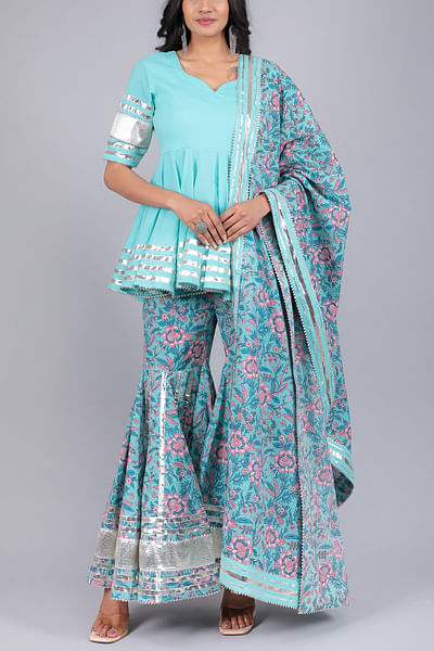 Blue floral print kalidar sharara set