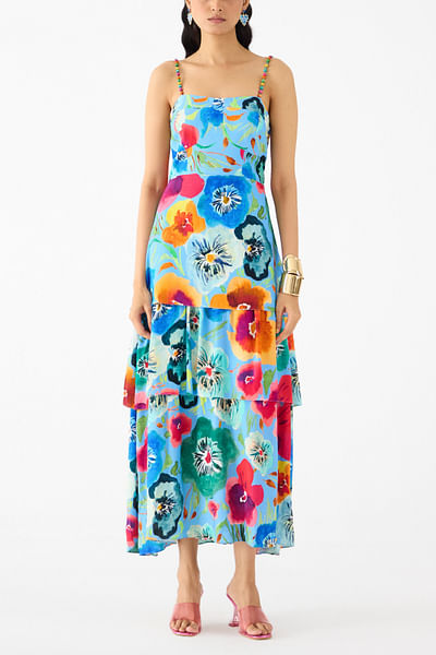 Blue floral print layered dress