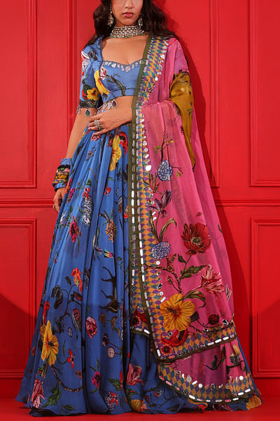 Blue floral print lehenga set