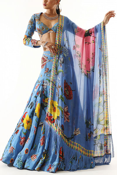 Blue floral print lehenga set