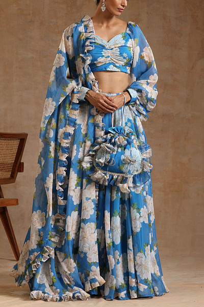 Blue floral print lehenga set