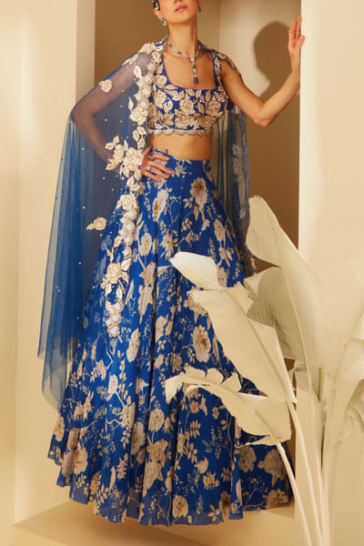 Blue floral print lehenga set