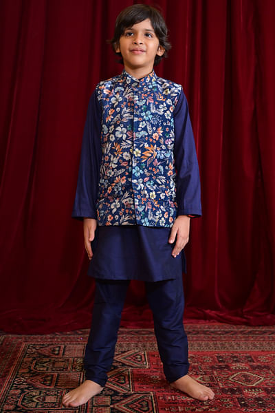Blue floral print Nehru jacket and kurta set