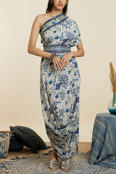 Blue floral print one-shoulder cowl dress