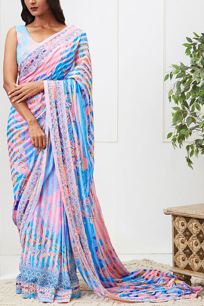 Blue floral print pre-drape sari set