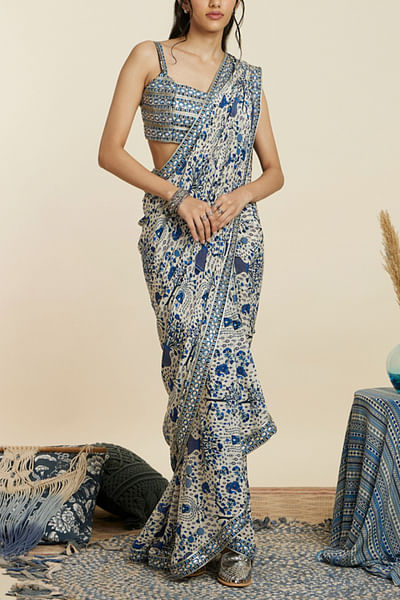Blue floral print pre-draped sari set