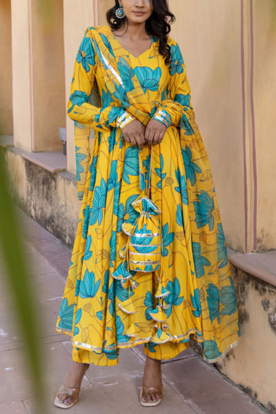 Blue floral printed anarkali set