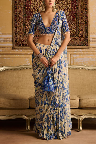 Blue floral printed draped tiered sari set