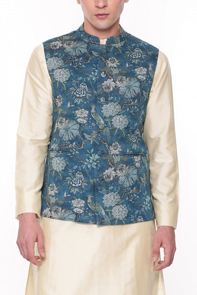 Blue floral printed mulmul Nehru jacket