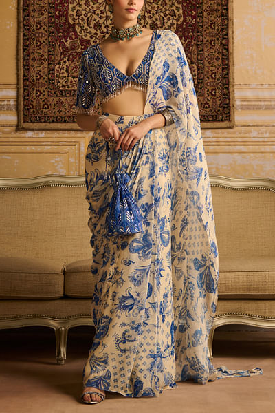 Blue floral printed pre-stitched sari set