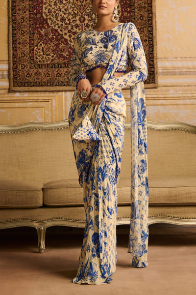 Blue floral printed skirt sari set