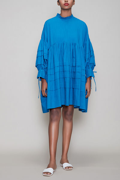 Blue frills and pleats detailed cotton dress