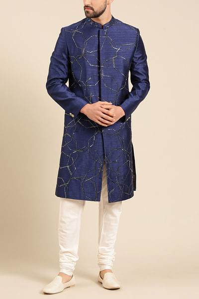 Blue geometric embroidery sherwani set