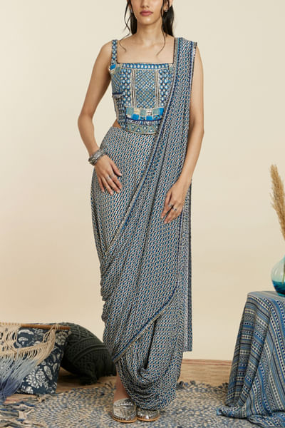 Blue geometric print drape skirt sari set