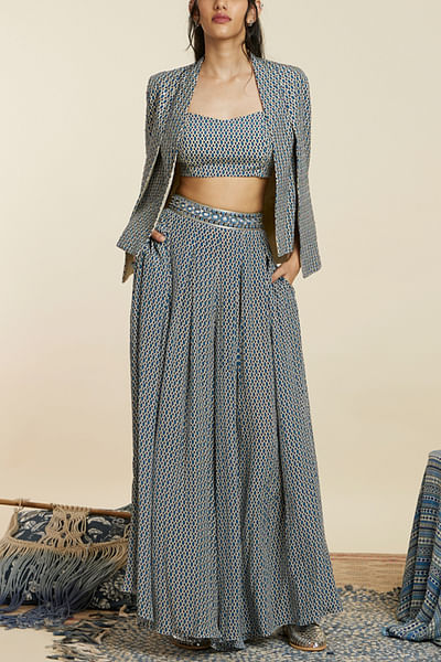 Blue geometric print jacket set