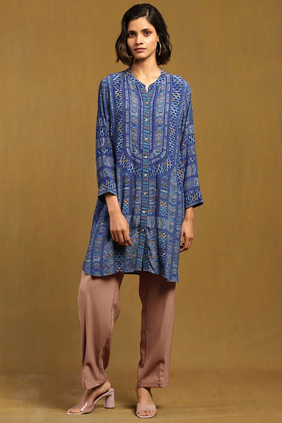 Blue geometric printed shirt-style kurta
