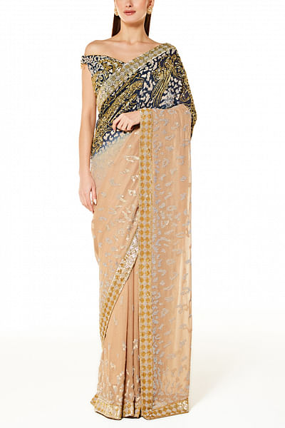 Blue gold hand embroidered sari set