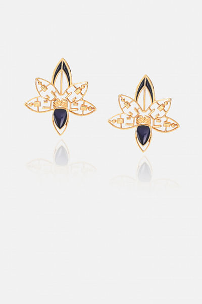 Blue gold plated lotus enamelled earrings