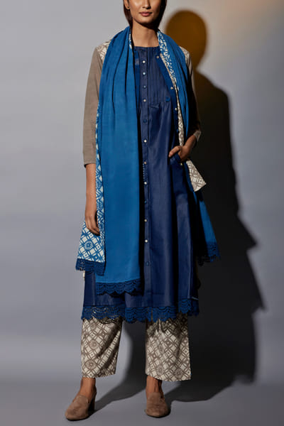 Blue hand block print jacket set