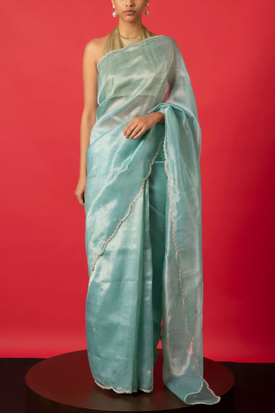 Blue handwoven scalloped tissue silk sari set
