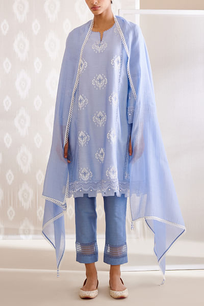 Blue ikat motif embroidered kurta set