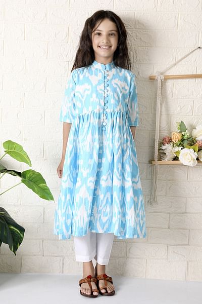 Blue ikat printed kurta set