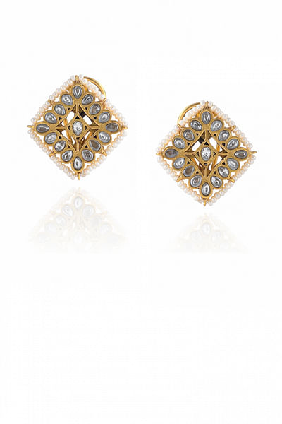 Blue kundan and pearl stud earrings