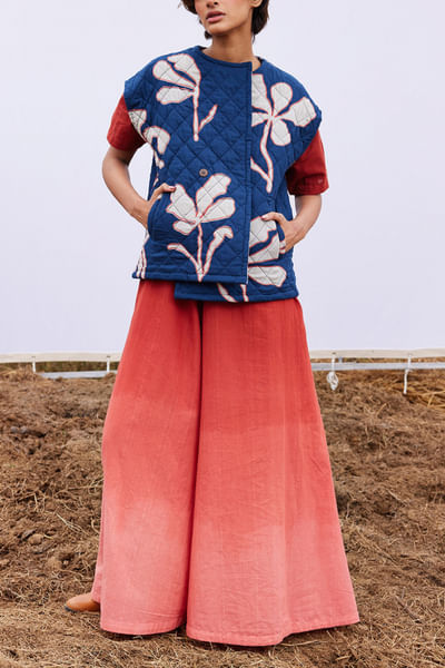 Blue lino print quilted vest jacket