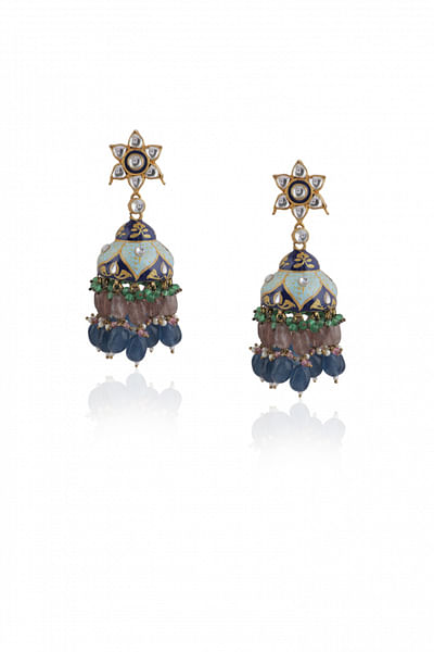 Blue meenakari jadtar and semi-precious stone embellished jhumkas