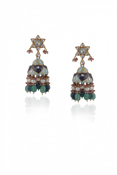 Blue meenakari pearl and semi-precious stone embellished jhumkas