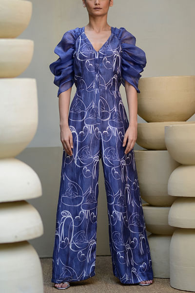 Blue mother and child print jumpsuit