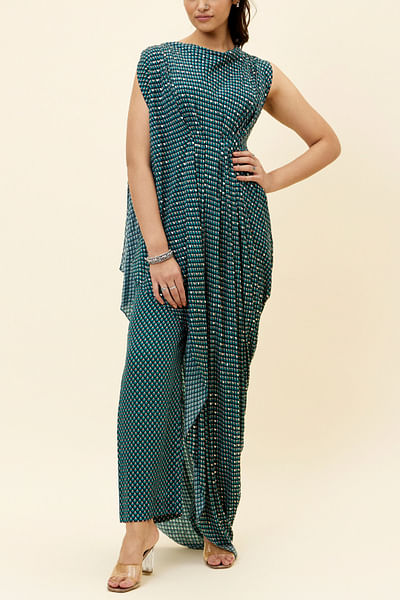 Blue motif print draped crop top and pants