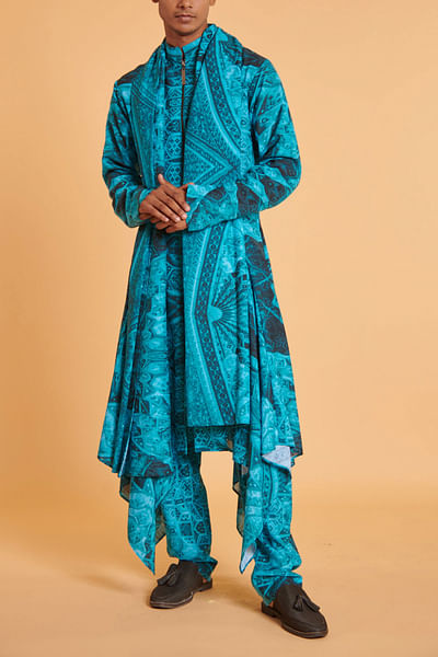 Blue Mughal print draped kurta set