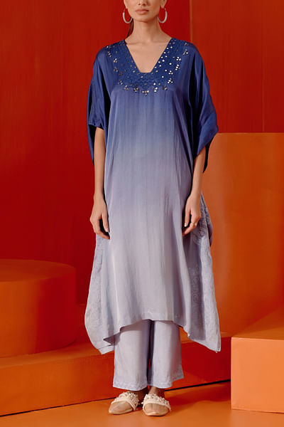 Blue ombre mirror embroidery kaftan set