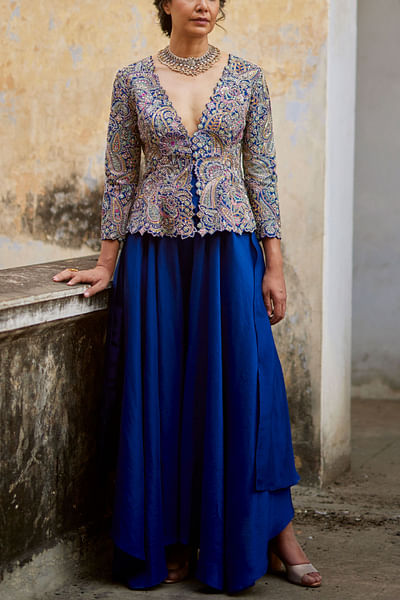 Blue paisely embroidered jacket set